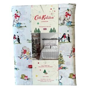 Cath Kidston London 4pc FULL Sheet Set Christmas Animals Cream Cotton NEW
